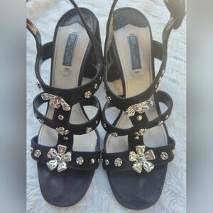 Prada Black Suede Multi-Strap Heels‎ with Crystal Flower Accents